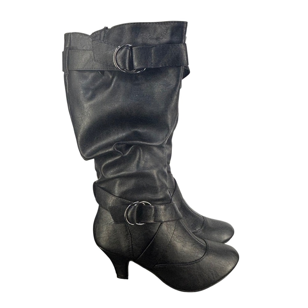 Black Slouch Boots Buckle Strap Mid Heel Indie Goth Biker Festival Women 8